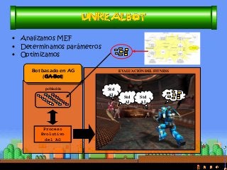 Bot basado en AG (GA-Bot) 
Proceso 
Evolutivo 
del AG 
Std AI 
población 
Std AI 
Std AI 
EVALUACIÓN DEL FITNESS 
•Analizamos MEF 
•Determinamos parámetros 
•Optimizamos  