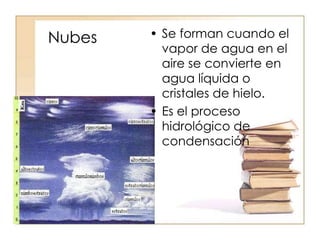 Nubes • Se forman cuando el
vapor de agua en el
aire se convierte en
agua líquida o
cristales de hielo.
• Es el proceso
hidrológico de
condensación
 
