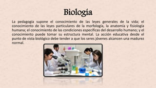 Biología
La pedagogía supone el conocimiento de las leyes generales de la vida; el
conocimiento de las leyes particulares de la morfología, la anatomía y fisiología
humana; el conocimiento de las condiciones específicas del desarrollo humano; y el
conocimiento puede tomar su estructura mental. La acción educativa desde el
punto de vista biológico debe tender a que los seres jóvenes alcancen una madurez
normal.
 