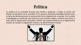 Política
La política es la actividad humana que tiende a gobernar o dirigir la acción del
Estado en beneficio de la sociedad. Es el proceso orientado ideológicamente hacia
la toma de decisiones para la consecución de los objetivos de un grupo. Por lo tanto
la pedagogía se auxilia de esta ciencia ya que necesita reglas y normas para llevar a
cabo esta la organización educativa. Dentro del aspecto político de la organización
escolar se incluyen la legislación escolar y la administración escolar.
 