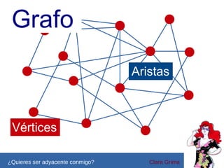 Grafo
Aristas

Vértices
¿Quieres ser adyacente conmigo?

Clara Grima

 