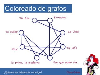 Coloreado de grafos

¿Quieres ser adyacente conmigo?

Clara Grima

 