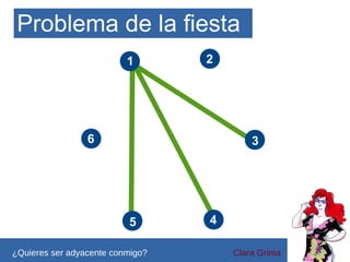 Problema de la fiesta
1

2

6

3

5
¿Quieres ser adyacente conmigo?

4
Clara Grima

 