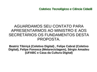 Coletivos Tecnológicos e Ciência Cidadã AGUARDAMOS SEU CONTATO PARA APRESENTARMOS AO MINISTRO E AOS SECRETÁRIOS OS FUNDAMENTOS DESTA PROPOSTA. Beatriz Tibiriçá (Coletivo Digital) , Felipe Cabral (Coletivo Digital), Felipe Fonseca (Metareciclagem), Sérgio Amadeu (UFABC e Casa da Cultura Digital) 