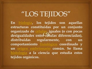 En biología, los tejidos son aquellas
estructuras constituidas por un conjunto
organizado de células, iguales (o con pocas
desigualdades entre células diferenciadas),
distribuidas regularmente, con un
comportamiento fisiológico coordinado y
un origen embrionario común. Se llama
histología a la ciencia que estudia estos
tejidos orgánicos.
 