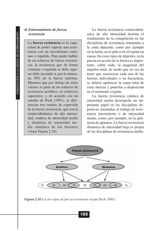 d) Entrenamiento de fuerza                           La fuerza resistencia estaticodiná-
INTRODUCCIÓN A LA CIENCIA DEL ENTRENAMIENTO




                                                 resistencia                                   mica de alta intensidad domina el
                                                                                               rendimiento de la competición en las
                                                La fuerza resistencia es la capa-              disciplinas de resistencia orientadas a
                                                cidad de poder superar una resis-              la corta duración, como por ejemplo
                                                tencia con un movimiento conti-                en la lucha, en el judo o en el esprint en
                                                nuo o repetido. Para poder hablar              canoa. En estos tipos de deportes, en la
                                                de un esfuerzo de fuerza resisten-             puesta en acción de la fuerza es impor-
                                                cia, la resistencia que de forma               tante, sobre todo, la magnitud del
                                                continua o repetida se debe supe-              impulso total, de modo que en vez de
                                                rar debe ascender a, por lo menos,             tener que maximizar cada una de las
                                                un 30% de la fuerza máxima.                    fuerzas individuales o su frecuencia,
                                                Mientras que por debajo de estos               se deberá optimizar la suma total de
                                                valores se parte de un esfuerzo de             estas fuerzas y ponerlas a disposición
                                                resistencia aeróbico, en esfuerzos             en el momento exigido.
                                                superiores, y de acuerdo con un                    La fuerza resistencia estática de
                                                estudio de Pach (1991), se dife-               intensidad media desempeña un im-
                                                rencian tres modos de expresión                portante papel en las disciplinas de-
                                                de la fuerza resistencia, que son la           portivas orientadas al trabajo de resis-
                                                estaticodinámica de alta intensi-              tencia intermitente o de intensidad
                                                dad, estática de intensidad media              media, como, por ejemplo, en la gim-
                                                y dinámica de intensidad me-                   nasia de aparatos. La fuerza resistencia
                                                dia (analítica de los factores)                dinámica de intensidad baja es propia
                                                (véase Figura 2.24).                           de las disciplinas de resistencia media.




                                                                                  Fuerza resistencia




                                                                       Estática                           Dinámica




                                                          15      30       50     75      95       75      50     30      15




                                              Figura 2.24 Los tres tipos de fuerza resistencia (según Pach, 1991).



                                                                                       102
 