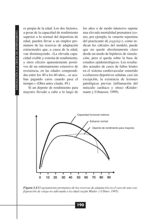 es propia de la edad. Los dos factores,      los años o de modo intensivo supone
INTRODUCCIÓN A LA CIENCIA DEL ENTRENAMIENTO




                                              a pesar de la capacidad de rendimiento       una elevada mortalidad prematura (co-
                                              superior a lo normal del deportista de       mo, por ejemplo, la «muerte repentina
                                              edad, pueden llevar a un empleo pre-         del practicante de jogging»), como in-
                                              maturo de las reservas de adaptación         dican los cálculos del modelo, puede
                                              estructurales que, a causa de la edad,       que no quede absolutamente claro
                                              van disminuyendo. «La elevada capa-          desde un modo de hipótesis de simula-
                                              cidad visible y externa de rendimiento,      ción, pero sí queda sobre la base de
                                              y otros efectos aparentemente positi-        estudios epidemiológicos. Los resulta-
                                              vos de un entrenamiento extensivo de         dos actuales de casos de fallos letales
                                              resistencia, en las edades comprendi-        en el sistema cardiovascular sometido
                                              das entre los 40 a los 60 años... se aca-    a esfuerzos deportivos señalan, casi sin
                                              ban pagando caros cuando pasa el             excepción, la existencia de lesiones
                                              tiempo.» (Obra antes citada, 49.)            patológicas previas (inflamación del
                                                  Si un deporte de rendimiento para        músculo cardíaco y otras) (Kinder-
                                              mayores llevado a cabo a lo largo de         mann y Urhausen, 1999).




                                                                                       Capacidad funcional máxima

                                                                                                 Esfuerzo normal

                                                                                                   Deporte de rendimiento para mayores




                                              Figura 3.4 El agotamiento prematuro de las reservas de adaptación en el caso de una con-
                                              figuración de carga no adecuada a la edad (según Mader y Ullmer, 1995).



                                                                                       190
 