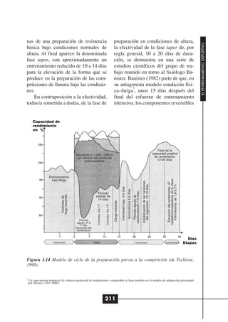 nas de una preparación de resistencia                                                                         preparación en condiciones de altura,




                                                                                                                                                                                                                                                                                                      EL ENTRENAMIENTO DEPORTIVO
básica bajo condiciones normales de                                                                           la efectividad de la fase taper de, por
altura. Al final aparece la denominada                                                                        regla general, 10 a 20 días de dura-
fase taper, con aproximadamente un                                                                            ción, se demuestra en una serie de
entrenamiento reducido de 10 a 14 días                                                                        estudios científicos del grupo de tra-
para la elevación de la forma que se                                                                          bajo reunido en torno al fisiólogo Ba-
produce en la preparación de las com-                                                                         nister. Banister (1982) parte de que, en
peticiones de llanura bajo las condicio-                                                                      su antagonista modelo condición físi-
                                                                                                                        9
nes.                                                                                                          ca–fatiga , unos 15 días después del
    En contraposición a la efectividad,                                                                       final del esfuerzo de entrenamiento
todavía sometida a dudas, de la fase de                                                                       intensivo, los componentes reversibles


       Capacidad de
       rendimiento
       en




                                                                                                                                                                                                                                                    Fase de la
                                                 Elevación a 1.000-1.500 m                                                                                                                                                                      capacidad positiva
                                                  por encima del centro de                                                                                                                                                                        de rendimiento
                                                       entrenamiento                                                                                                                                                                                12-30 días




                   Entrenamiento
                                                                                                                                                                                                                                                           nadadores/nadadoras de la clase

                    bajo fatiga
                                                                                                                                                                                                              Estabilización de las funciones




                                                                                                                                                                                                                                                             Elevación del rendimiento, 37

                                                                                                                                                                                                                                                              internacional, de 1,8-5,7%.
                                                                                                                                                                                                               del organismo. 10-12 días.
                                                                                                                               Intensidad baja. 4-5 días
                                                                                                                                                           Somnolencia 5-6 días.

                                                                                                                                                                                   reaclimatación 7-9 días.




                                                                   Período
                               largo recorrido




                                                                                                                                                                                      Periodo agudo de




                                                                  estable de
                                Controles de




                                                                   14 días
                                                                                                              Carga reducida
                                                                                         Controles. Día 17º
                                                                    Controles. Día 11º




                                                    Período
                                                  agudo; 3º a
                                                    7º día.
                                                 Descenso del
                                                  rendimiento


                                                                                                                                                                                                                                                                                               Días
                      Terreno llano                             Altura                                                                                                                   Terreno llano                                                   Competiciones                       Etapas



Figura 3.14 Modelo de ciclo de la preparación previa a la competición (de Tschiene,
1999).

9
    Un «mecanismo potencial de esfuerzo-potencial de rendimiento» comparable se basa también en el modelo de adaptación presentado
    por Mesare y Per (2000).




                                                                                         211
 