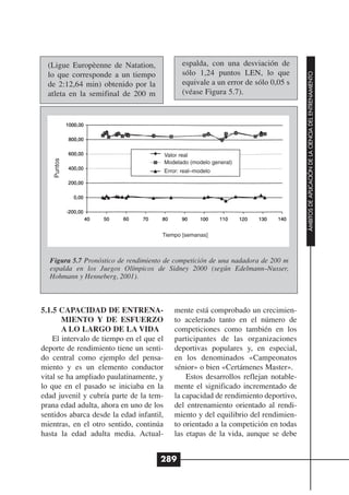 (Ligue Europèenne de Natation,                 espalda, con una desviación de
                                                 sólo 1,24 puntos LEN, lo que




                                                                                        ÁMBITOS DE APLICACIÓN DE LA CIENCIA DEL ENTRENAMIENTO
  lo que corresponde a un tiempo
  de 2:12,64 min) obtenido por la                equivale a un error de sólo 0,05 s
  atleta en la semifinal de 200 m                (véase Figura 5.7).




                                          Valor real
    Puntos




                                          Modelado (modelo general)
                                          Error: real–modelo




                                      Tiempo [semanas]



  Figura 5.7 Pronóstico de rendimiento de competición de una nadadora de 200 m
  espalda en los Juegos Olímpicos de Sidney 2000 (según Edelmann–Nusser,
  Hohmann y Henneberg, 2001).



5.1.5 CAPACIDAD DE ENTRENA-                   mente está comprobado un crecimien-
       MIENTO Y DE ESFUERZO                   to acelerado tanto en el número de
       A LO LARGO DE LA VIDA                  competiciones como también en los
    El intervalo de tiempo en el que el       participantes de las organizaciones
deporte de rendimiento tiene un senti-        deportivas populares y, en especial,
do central como ejemplo del pensa-            en los denominados «Campeonatos
miento y es un elemento conductor             sénior» o bien «Certámenes Master».
vital se ha ampliado paulatinamente, y            Estos desarrollos reflejan notable-
lo que en el pasado se iniciaba en la         mente el significado incrementado de
edad juvenil y cubría parte de la tem-        la capacidad de rendimiento deportivo,
prana edad adulta, ahora en uno de los        del entrenamiento orientado al rendi-
sentidos abarca desde la edad infantil,       miento y del equilibrio del rendimien-
mientras, en el otro sentido, continúa        to orientado a la competición en todas
hasta la edad adulta media. Actual-           las etapas de la vida, aunque se debe


                                      289
 