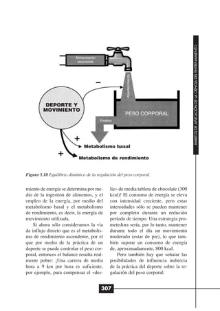 ÁMBITOS DE APLICACIÓN DE LA CIENCIA DEL ENTRENAMIENTO
                          Alimentación
                           absorbible




                                                      Abastecimiento
          DEPORTE Y
         MOVIMIENTO
                                                     PESO CORPORAL
                                         Empleo




                               Metabolismo basal

                            Metabolismo de rendimiento


Figura 5.10 Equilibrio dinámico de la regulación del peso corporal.


miento de energía se determina por me-        liz» de media tableta de chocolate (300
dio de la ingestión de alimentos, y el        kcal)! El consumo de energía se eleva
empleo de la energía, por medio del           con intensidad creciente, pero estas
metabolismo basal y el metabolismo            intensidades sólo se pueden mantener
de rendimiento, es decir, la energía de       por completo durante un reducido
movimiento utilizada.                         período de tiempo. Una estrategia pro-
    Si ahora sólo consideramos la vía         metedora sería, por lo tanto, mantener
de influjo directo que es el metabolis-       durante todo el día un movimiento
mo de rendimiento ascendente, por el          moderado (estar de pie), lo que tam-
que por medio de la práctica de un            bién supone un consumo de energía
deporte se puede controlar el peso cor-       de, aproximadamente, 800 kcal.
poral, entonces el balance resulta real-          Pero también hay que señalar las
mente pobre: ¡Una carrera de media            posibilidades de influencia indirecta
hora a 9 km por hora es suficiente,           de la práctica del deporte sobre la re-
por ejemplo, para compensar el «des-          gulación del peso corporal:


                                         307
 