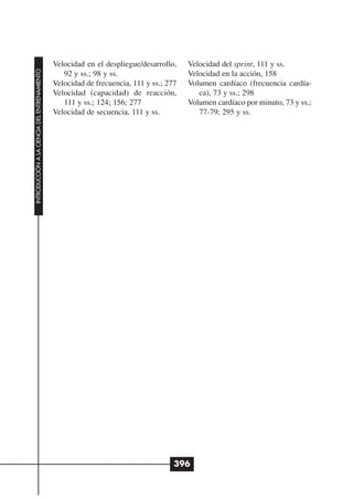 Velocidad en el despliegue/desarrollo,    Velocidad del sprint, 111 y ss.
INTRODUCCIÓN A LA CIENCIA DEL ENTRENAMIENTO




                                                 92 y ss.; 98 y ss.                     Velocidad en la acción, 158
                                              Velocidad de frecuencia, 111 y ss.; 277   Volumen cardíaco (frecuencia cardía-
                                              Velocidad (capacidad) de reacción,           ca), 73 y ss.; 298
                                                 111 y ss.; 124; 156; 277               Volumen cardíaco por minuto, 73 y ss.;
                                              Velocidad de secuencia, 111 y ss.            77-79; 295 y ss.




                                                                                    396
 