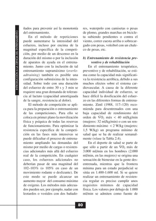 ñados para prevenir así la monotonía       res, waterpolo con camisetas o pesas
INTRODUCCIÓN A LA CIENCIA DEL ENTRENAMIENTO




                                              del entrenamiento.                         de plomo, grandes marchas en bicicle-
                                                  En el método de repeticiones           ta subiendo pendientes o contra el
                                              puede aumentarse la intensidad del         viento, correr cuesta arriba o sobrecar-
                                              esfuerzo, incluso por encima de la         gado con pesas, voleibol con un chale-
                                              magnitud específica de la competi-         co de pesas, etc.
                                              ción, por medio de un descenso en la
                                              duración del mismo o por la inclusión      b) Entrenamiento de resistencia pre-
                                              de aparatos de ayuda en el entrena-              ventivo y de rehabilitación
                                              miento. Junto con la inclusión de tal          En el entrenamiento terapéutico,
                                              entrenamiento supramáximo (overlo-         preventivo y de rehabilitación, se esti-
                                              adtraining) también es posible una         ma como la capacidad más significati-
                                              configuración submáxima de la inten-       va la resistencia aeróbica, debido a sus
                                              sidad. Sobre todo con una duración         muchos efectos sobre el sistema car-
                                              del esfuerzo de entre 30 s y 3 min se      diovascular. A causa de la diferente
                                              requiere una gran demanda de toleran-      capacidad individual de esfuerzo, se
                                              cia al lactato (capacidad amortiguada      hace difícil la dosificación del esfuer-
                                              de la sangre, resistencia al dolor).       zo en las diferentes formas de entrena-
                                                  El método de competición se apli-      miento. Zintl (1988, 117–120) reco-
                                              ca para la preparación o entrenamiento     mienda para desentrenados con una
                                              de las competiciones. Para ello se         baja capacidad de rendimiento del
                                                                                                      .
                                              coloca en primer plano la movilización     orden de V O2 máx < 40 ml/kg/min
                                              física y psíquica de todas las reservas    (mujeres: 32 ml/kg/min) o con un ren-
                                              de funcionamiento. Para optimizar la       dimiento máximo < 2 W/kg (mujeres:
                                              resistencia específica de la competi-      1,5 W/kg) un programa mínimo de
                                              ción en las fases más intensivas se        salud que se ha de realizar semanal-
                                              puede dificultar el proceso de entrena-    mente (véase la Tabla 2.4).
                                              miento ampliando las demandas del              En el deporte de salud se parte de
                                                                                                                     .
                                              mismo por medio de cargas o resisten-      que sólo a partir de un VO2 máx de
                                              cias adicionales más allá del esfuerzo     3.000 ml/min en los hombres (2.000
                                              real de la competición. En cualquier       ml/min, en las mujeres) se origina una
                                              caso, los esfuerzos adicionales no         sensación de bienestar en la gente des-
                                              deberían pasar de una magnitud del         entrenada, mientras que la frontera
                                              102–103% (o 105% en caso de un             mínima para un estado perjudicial se
                                              movimiento rodante o deslizante). De       sitúa en 1.400-1.600 ml. Si se quiere
                                              este modo se puede alcanzar un             realizar un entrenamiento de resisten-
                                              aumento mayor del consumo máximo           cia regular es preciso cumplir unos
                                              de oxígeno. Los métodos más adecua-        requisitos mínimos de capacidad
                                              dos pueden ser, por ejemplo, nadar con     física. Los valores por debajo de 1.000
                                              leotardos o vestidos con dos bañado-       ml/min se admiten como fuente de


                                                                                    80
 