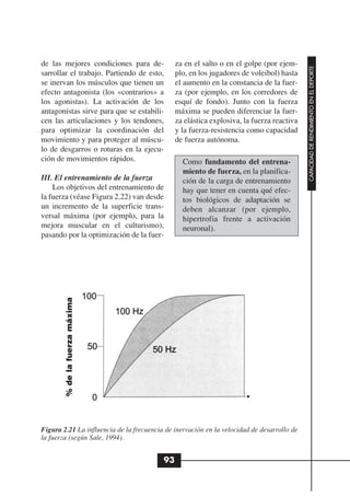 de las mejores condiciones para de-            za en el salto o en el golpe (por ejem-




                                                                                            CAPACIDAD DE RENDIMIENTO EN EL DEPORTE
sarrollar el trabajo. Partiendo de esto,       plo, en los jugadores de voleibol) hasta
se inervan los músculos que tienen un          el aumento en la constancia de la fuer-
efecto antagonista (los «contrarios» a         za (por ejemplo, en los corredores de
los agonistas). La activación de los           esquí de fondo). Junto con la fuerza
antagonistas sirve para que se estabili-       máxima se pueden diferenciar la fuer-
cen las articulaciones y los tendones,         za elástica explosiva, la fuerza reactiva
para optimizar la coordinación del             y la fuerza-resistencia como capacidad
movimiento y para proteger al múscu-           de fuerza autónoma.
lo de desgarros o roturas en la ejecu-
ción de movimientos rápidos.                     Como fundamento del entrena-
                                                 miento de fuerza, en la planifica-
III. El entrenamiento de la fuerza               ción de la carga de entrenamiento
    Los objetivos del entrenamiento de           hay que tener en cuenta qué efec-
la fuerza (véase Figura 2.22) van desde          tos biológicos de adaptación se
un incremento de la superficie trans-            deben alcanzar (por ejemplo,
versal máxima (por ejemplo, para la              hipertrofia frente a activación
mejora muscular en el culturismo),               neuronal).
pasando por la optimización de la fuer-
        % de la fuerza máxima




Figura 2.21 La influencia de la frecuencia de inervación en la velocidad de desarrollo de
la fuerza (según Sale, 1994).


                                          93
 