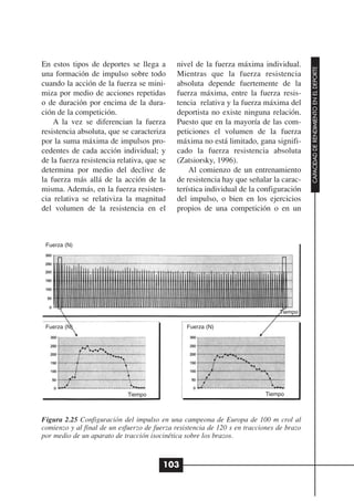 En estos tipos de deportes se llega a        nivel de la fuerza máxima individual.




                                                                                           CAPACIDAD DE RENDIMIENTO EN EL DEPORTE
una formación de impulso sobre todo          Mientras que la fuerza resistencia
cuando la acción de la fuerza se mini-       absoluta depende fuertemente de la
miza por medio de acciones repetidas         fuerza máxima, entre la fuerza resis-
o de duración por encima de la dura-         tencia relativa y la fuerza máxima del
ción de la competición.                      deportista no existe ninguna relación.
    A la vez se diferencian la fuerza        Puesto que en la mayoría de las com-
resistencia absoluta, que se caracteriza     peticiones el volumen de la fuerza
por la suma máxima de impulsos pro-          máxima no está limitado, gana signifi-
cedentes de cada acción individual; y        cado la fuerza resistencia absoluta
de la fuerza resistencia relativa, que se    (Zatsiorsky, 1996).
determina por medio del declive de               Al comienzo de un entrenamiento
la fuerza más allá de la acción de la        de resistencia hay que señalar la carac-
misma. Además, en la fuerza resisten-        terística individual de la configuración
cia relativa se relativiza la magnitud       del impulso, o bien en los ejercicios
del volumen de la resistencia en el          propios de una competición o en un



 Fuerza (N)




                                                                                Tiempo

 Fuerza (N)                                      Fuerza (N)




                             Tiempo                                        Tiempo



Figura 2.25 Configuración del impulso en una campeona de Europa de 100 m crol al
comienzo y al final de un esfuerzo de fuerza resistencia de 120 s en tracciones de brazo
por medio de un aparato de tracción isocinética sobre los brazos.



                                         103
 