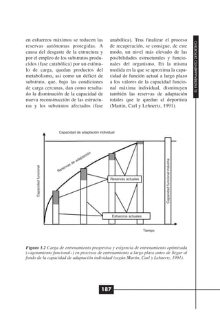 en esfuerzos máximos se reducen las                       anabólica). Tras finalizar el proceso




                                                                                                                      EL ENTRENAMIENTO DEPORTIVO
reservas autónomas protegidas. A                          de recuperación, se consigue, de este
causa del desgaste de la estructura y                     modo, un nivel más elevado de las
por el empleo de los substratos produ-                    posibilidades estructurales y funcio-
cidos (fase catabólica) por un estímu-                    nales del organismo. En la misma
lo de carga, quedan productos del                         medida en la que se aproxima la capa-
metabolismo, así como un déficit de                       cidad de función actual a largo plazo
substrato, que, bajo las condiciones                      a los valores de la capacidad funcio-
de carga cercanas, dan como resulta-                      nal máxima individual, disminuyen
do la disminución de la capacidad de                      también las reservas de adaptación
nueva reconstrucción de las estructu-                     totales que le quedan al deportista
ras y los substratos afectados (fase                      (Martin, Carl y Lehnertz, 1991).




                           Capacidad de adaptación individual




                                                n
                                             ció
                                          pta
                                        da

                                                                                         Capacidad funcional máxima
                                       a
                                    de
                                 as
     Capacidad funcional




                             serv
                           Re

                                                          Reservas actuales




                                                           Esfuerzos actuales



                                                                                Tiempo



Figura 3.2 Carga de entrenamiento progresiva y exigencia de entrenamiento optimizada
(«agotamiento funcional») en procesos de entrenamiento a largo plazo antes de llegar al
fondo de la capacidad de adaptación individual (según Martin, Carl y Lehnertz, 1991).




                                                    187
 