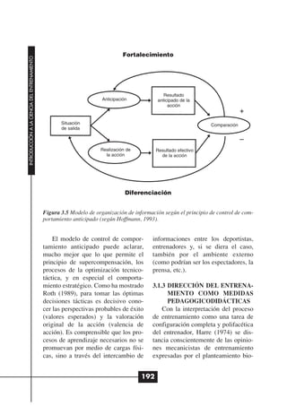 Fortalecimiento
INTRODUCCIÓN A LA CIENCIA DEL ENTRENAMIENTO




                                                                                               Resultado
                                                                      Anticipación          anticipado de la
                                                                                                 acción


                                                     Situación                                                    Comparación
                                                     de salida



                                                                     Realización de         Resultado efectivo
                                                                       la acción              de la acción




                                                                                 Diferenciación


                                              Figura 3.5 Modelo de organización de información según el principio de control de com-
                                              portamiento anticipado (según Hoffmann, 1993).


                                                  El modelo de control de compor-         informaciones entre los deportistas,
                                              tamiento anticipado puede aclarar,          entrenadores y, si se diera el caso,
                                              mucho mejor que lo que permite el           también por el ambiente externo
                                              principio de supercompensación, los         (como podrían ser los espectadores, la
                                              procesos de la optimización tecnico-        prensa, etc.).
                                              táctica, y en especial el comporta-
                                              miento estratégico. Como ha mostrado        3.1.3 DIRECCIÓN DEL ENTRENA-
                                              Roth (1989), para tomar las óptimas               MIENTO COMO MEDIDAS
                                              decisiones tácticas es decisivo cono-             PEDAGOGICODIDÁCTICAS
                                              cer las perspectivas probables de éxito         Con la interpretación del proceso
                                              (valores esperados) y la valoración         de entrenamiento como una tarea de
                                              original de la acción (valencia de          configuración completa y polifacética
                                              acción). Es comprensible que los pro-       del entrenador, Harre (1974) se dis-
                                              cesos de aprendizaje necesarios no se       tancia conscientemente de las opinio-
                                              promuevan por medio de cargas físi-         nes mecanicistas de entrenamiento
                                              cas, sino a través del intercambio de       expresadas por el planteamiento bio-


                                                                                      192
 