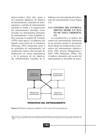 lógico-médico. Para ello, junto a                                       didáctica en la descripción de la direc-




                                                                                                                                              EL ENTRENAMIENTO DEPORTIVO
las categorías didácticas de objetivo                                   ción del entrenamiento (véase Figura
de entrenamiento, contenido de entre-                                   3.6)
namiento y método de entrenamiento
(incluido el medio y la organización                                    3.1.4 CONTROL DEL ENTRENA-
del entrenamiento) introdujo, como                                             MIENTO DESDE UN PUN-
novedad, los denominados principios                                            TO DE VISTA CIBERNÉTI-
                 1
de entrenamiento (véase Capítulo 1).                                           CO
Este concepto lo amplió M. Letzelter                                        La consideración y el análisis del
(1978) como apoyo a la didáctica del                                    control del entrenamiento dominaron
deporte como teoría de la enseñanza                                     en un reciente pasado la percepción
(Grössing, 1997) incluyendo, junto a                                    de los ideales de modelo teórico-siste-
los principios de entrenamiento, las                                    mático del entrenamiento deportivo.
aceptaciones básicas del concepto de                                    (Carl, 1983, Grosser, Brüggemann y
implicación de mutua dependencia                                        Zintl, 1986; Hohmann, 1994a). Por
y de la primacía de los objetivos                                       el análisis cibernético del control del
(de entrenamiento) extraídos de la                                      entrenamiento se describió un proce-




                                    Objetivo del                                  Contenido del
                                   entrenamiento                                  entrenamiento




                                     Métodos del                                    Medios de
                                    entrenamiento                                 entrenamiento




                                PRINCIPIOS DEL ENTRENAMIENTO

Figura 3.6 Modelo pedagogicodidáctico del control del entrenamiento.


1
 Harre (1974, 92-117) formuló primero siete fundamentos del entrenamiento: elevación de las exigencias de la carga, incremento con-
 tinuo de la carga, organización cíclica de las cargas (periodización), concienciación, planificación y sistematización, ilustración y cla-
 ridad.




                                                                 193
 