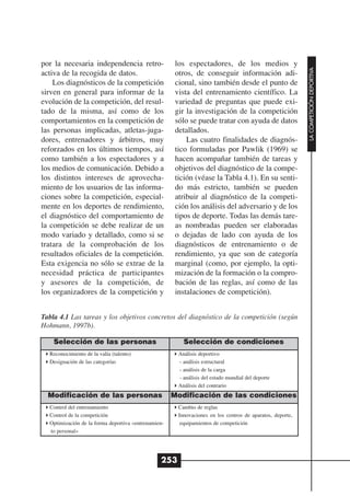 por la necesaria independencia retro-                 los espectadores, de los medios y




                                                                                                           LA COMPETICIÓN DEPORTIVA
activa de la recogida de datos.                       otros, de conseguir información adi-
    Los diagnósticos de la competición                cional, sino también desde el punto de
sirven en general para informar de la                 vista del entrenamiento científico. La
evolución de la competición, del resul-               variedad de preguntas que puede exi-
tado de la misma, así como de los                     gir la investigación de la competición
comportamientos en la competición de                  sólo se puede tratar con ayuda de datos
las personas implicadas, atletas-juga-                detallados.
dores, entrenadores y árbitros, muy                       Las cuatro finalidades de diagnós-
reforzados en los últimos tiempos, así                tico formuladas por Pawlik (1969) se
como también a los espectadores y a                   hacen acompañar también de tareas y
los medios de comunicación. Debido a                  objetivos del diagnóstico de la compe-
los distintos intereses de aprovecha-                 tición (véase la Tabla 4.1). En su senti-
miento de los usuarios de las informa-                do más estricto, también se pueden
ciones sobre la competición, especial-                atribuir al diagnóstico de la competi-
mente en los deportes de rendimiento,                 ción los análisis del adversario y de los
el diagnóstico del comportamiento de                  tipos de deporte. Todas las demás tare-
la competición se debe realizar de un                 as nombradas pueden ser elaboradas
modo variado y detallado, como si se                  o dejadas de lado con ayuda de los
tratara de la comprobación de los                     diagnósticos de entrenamiento o de
resultados oficiales de la competición.               rendimiento, ya que son de categoría
Esta exigencia no sólo se extrae de la                marginal (como, por ejemplo, la opti-
necesidad práctica de participantes                   mización de la formación o la compro-
y asesores de la competición, de                      bación de las reglas, así como de las
los organizadores de la competición y                 instalaciones de competición).


Tabla 4.1 Las tareas y los objetivos concretos del diagnóstico de la competición (según
Hohmann, 1997b).

    Selección de las personas                            Selección de condiciones
  Reconocimiento de la valía (talento)                 Análisis deportivo
  Designación de las categorías                        - análisis estructural
                                                       - análisis de la carga
                                                       - análisis del estado mundial del deporte
                                                       Análisis del contrario
  Modificación de las personas                       Modificación de las condiciones
  Control del entrenamiento                            Cambio de reglas
  Control de la competición                            Innovaciones en los centros de aparatos, deporte,
  Optimización de la forma deportiva «entrenamien-      equipamientos de competición
  to personal»




                                                253
 