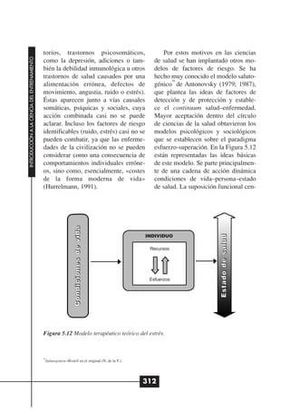 torios, trastornos psicosomáticos,                           Por estos motivos en las ciencias
INTRODUCCIÓN A LA CIENCIA DEL ENTRENAMIENTO




                                              como la depresión, adiciones o tam-                      de salud se han implantado otros mo-
                                              bién la debilidad inmunológica u otros                   delos de factores de riesgo. Se ha
                                              trastornos de salud causados por una                     hecho muy conocido el modelo saluto-
                                                                                                              16
                                              alimentación errónea, defectos de                        génico de Antonovsky (1979; 1987),
                                              movimiento, angustia, ruido o estrés).                   que plantea las ideas de factores de
                                              Éstas aparecen junto a vías causales                     detección y de protección y estable-
                                              somáticas, psíquicas y sociales, cuya                    ce el continuum salud–enfermedad.
                                              acción combinada casi no se puede                        Mayor aceptación dentro del círculo
                                              aclarar. Incluso los factores de riesgo                  de ciencias de la salud obtuvieron los
                                              identificables (ruido, estrés) casi no se                modelos psicológicos y sociológicos
                                              pueden combatir, ya que las enferme-                     que se establecen sobre el paradigma
                                              dades de la civilización no se pueden                    esfuerzo-superación. En la Figura 5.12
                                              considerar como una consecuencia de                      están representadas las ideas básicas
                                              comportamientos individuales erróne-                     de este modelo. Se parte principalmen-
                                              os, sino como, esencialmente, «costes                    te de una cadena de acción dinámica
                                              de la forma moderna de vida»                             condiciones de vida–persona–estado
                                              (Hurrelmann, 1991).                                      de salud. La suposición funcional cen-
                                                                  Condiciones de vida




                                                                                                                                Estado de salud
                                                                                                    INDIVIDUO

                                                                                                     Recursos




                                                                                                     Esfuerzos




                                              Figura 5.12 Modelo terapéutico teórico del estrés.



                                              16
                                                Salutogenese-Modell en el original (N. de la T.).




                                                                                                    312
 