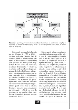 Rendimiento en el




                                                                                                     CAPACIDAD DE RENDIMIENTO EN EL DEPORTE
                                        salto de longitud




            Longitud                         Longitud                         Longitud
            parcial 1                        parcial 2                        parcial 3




                        Vo horizontal         Vo vertical          CGC (centro de
                                                              gravedad corporal) despegue-caida




Figura 2.6 Ejemplo para un modelo de cadenas deductivas. El rendimiento complejo se
subdivide en rendimientos parciales y éstos, a su vez, en diferentes fases según las magni-
tudes de influencia.


    Este modelo tuvo mucha influencia                       Esto se puede aclarar, por ejemplo,
en las décadas de 1970 y 1980 y                         en las indicaciones antes referidas sobre
encontró aplicación en otros tipos de                   la base de esta formación de modelos
deportes. Desde el punto de vista de la                 para la práctica y configuración de la
teoría de modelos se critica sobre todo                 frecuencia y longitud de pasos en el
que, gracias a una investigación prag-                  esprint (Ballreich y Gabel, 1975). La
mática de una forma de percepción                       frecuencia y la longitud del paso repre-
mecánica determinista y estadística,                    sentan magnitudes de influencia deter-
resulta un modo estadístico de percep-                  minantes para el total del objetivo de la
ción, es decir, la relación entre influen-              velocidad en carrera; sin embargo, un
cias y magnitudes alcanza una correla-                  principio de análisis de regresión trata
ción estadística descrita, por ejemplo,                 las medidas de influencia de forma adi-
por medio de análisis de regresión. El                  tiva y distribuidas como variables nor-
argumento de Ballreich de poder                         males e independientes. Estas hipótesis,
representar cada contexto funcional                     sin embargo, representan una clara con-
deseado a través de una regresión poli-                 tradicción con respecto a las caracterís-
nómica puede servir para la relación                    ticas originales, fuertemente dependien-
bivariante existente entre magnitudes                   tes entre sí en la realidad de la frecuen-
de influencia y objetivos, pero la                      cia y la longitud del salto. No sólo la
dependencia que pueda existir entre                     realidad de que están sujetos a condi-
las magnitudes influyentes no se regis-                 ciones biológicas individuales, sino que
tran en este modelo.                                    tampoco se expresa su complejo cam-


                                                 59
 