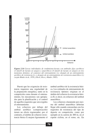Lactato
INTRODUCCIÓN A LA CIENCIA DEL ENTRENAMIENTO




                                                           mmol/l




                                                                                                                           Umbral anaeróbico
                                                                 Tr a n s i c i ó n a e r ó b i c a -
                                                                        anaeróbica
                                                                                                                           Umbral aeróbico




                                                                                                                                 Esfuerzo



                                              Figura 2.14 Curvas individuales de rendimiento-lactato con umbrales fijos aeróbicos
                                              (2 mmol/l de lactato en sangre) y anaeróbicos (4 mmol/l de lactato en sangre) en tres
                                              momentos distintos: al comienzo del entrenamiento (t ); después de un entrenamiento
                                                                                                                     0


                                              aeróbico de resistencia (t ), y después de un entrenamiento de resistencia anaeróbico (t )
                                                                             1                                                                     2


                                              (según Mader et al., 1976 y Heck, Hess y Mader, 1985).



                                                  Puesto que las exigencias de resis-                        umbral aeróbico de la resistencia bási-
                                              tencia requieren una regularidad de                            ca. Los estímulos de entrenamiento de
                                              la preparación energética, tanto en la                         resistencia óptimos originan en el
                                              competición como durante el entrena-                           ámbito del esfuerzo la resistencia bási-
                                              miento, los mecanismos son apropia-                            ca II, es decir, en esfuerzos del umbral
                                              dos para la planificación y el control                         anaeróbico.
                                              de aquellos requisitos que son exigidos                            Los esfuerzos claramente por enci-
                                              al entrenamiento.                                              ma del umbral anaeróbico deberían
                                                  Los esfuerzos por debajo del                               llegar sólo cuando concuerdan con los
                                              umbral aeróbico (compensación)                                 requisitos de resistencia del tipo de
                                              tienen un efecto regenerador; por el                           deporte en competición, como por
                                              contrario, el ámbito de esfuerzo (resis-                       ejemplo en la carrera de 400 m, en el
                                              tencia básica I) mejora ligeramente el                         esprint ciclista, en el remo, etc. En


                                                                                                        76
 