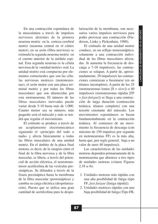 En una contracción espontánea de         larización de la membrana, son nece-




                                                                                        CAPACIDAD DE RENDIMIENTO EN EL DEPORTE
la musculatura a través de impulsos          sarios varios impulsos nerviosos para
nerviosos aferentes de la primera            poder provocar una contracción (Fin-
neurona motriz en la corteza cerebral        deisen, Linke y Pickenhain, 1980).
motriz (neurona central en el córtex             El estímulo de una unidad motriz
motor), en su axón (fibra nerviosa) se       conduce, en un reflejo monosináptico,
estimula la segunda neurona motriz en        solamente a una contracción indivi-
el cuerno anterior de la médula espi-        dual de las fibras musculares afecta-
nal. Esta segunda neurona es la célula       das. Si aumenta la frecuencia de des-
nerviosa de la «unidad motriz» real. La      carga a 7-10 impulsos/s, las contrac-
unidad motriz está compuesta por ele-        ciones se solapan. A partir de, aproxi-
mentos estructurales que son las célu-       madamente, 20 impulsos/s las contrac-
las nerviosas motrices (motoneuro-           ciones comienzan a fusionarse (en un
nas), el axón motor con una placa ter-       tétanos incompleto). A partir de los 25
minal motriz y por todas las fibras          (motoneuronas lentas [S = slow]) o 40
musculares que son abastecidas por           impulsos/s (motoneuronas rápidas [FF
esta motoneurona. El número de las           = fast-fatigue]) se llega a una contrac-
fibras musculares inervadas puede            ción de larga duración (contracción
variar desde 5-10 hasta más de 1.000.        tetánica; tétanos completo) con una
Cuanto menor sea su número, más              tensión constante del músculo. Los
pequeño será el músculo y más se ten-        movimientos espontáneos se basan
drá que regular el movimiento.               fundamentalmente en la contracción
    El estímulo se produce a través de       tetánica. Al comienzo de un movi-
un acoplamiento electromecánico              miento la frecuencia de descarga (con
siguiendo el «principio del todo o           máximo de 150 impulsos por segundo
nada» y afecta básicamente a todas           en motoneuronas FF) es la más alta,
las fibras musculares de una unidad          hasta que, por regla general, baja a un
motriz. En el ámbito de la placa final       valor de unos 40 impulsos/s.
motora, es decir, de la sinapsis entre el        Las características de las unidades
final de la fibra nerviosa y de la fibra     motoras dependen primariamente de la
muscular, se libera, a través del poten-     motoneurona que abastece a tres tipos
cial de acción eléctrica, el neurotrans-     de unidades motoras (véanse Figuras
misor acetilcolina de las vesículas pre-     2.18 a–b):
sinápticas. Se difunden a través de la
fisura presináptica hasta la membrana        1. Unidades motoras más rápidas con
de la fibra muscular (postsináptica) y          una alta posibilidad de fatiga (tipo
cambia su carga eléctrica (despolariza-         FF, fast fatigue [fatiga rápida]).
ción). Puesto que se utiliza una gran        2. Unidades motrices rápidas con una
cantidad de acetilcolina para la despo-         baja posibilidad de fatiga (Tipo FR,



                                        87
 