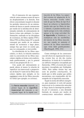 En el transcurso de una regenera-                                    tracción de las fibras. La capaci-




                                                                                                                                       CAPACIDAD DE RENDIMIENTO EN EL DEPORTE
ción de varias semanas ocurre de nuevo                                   dad extrema de adaptación de la
un desplazamiento a la derecha. Este                                     fuerza muscular resulta sobre
efecto concomitante (negativo) durante                                   todo de que las fibras de tipo II al
los períodos intensivos de un entrena-                                   hacer un esfuerzo se hipertrofien
miento de fuerza se puede contrarrestar                                  mucho más que las fibras de tipo
por medio de la introducción de deter-                                   I. Además, se pueden atrofiar muy
minados métodos de entrenamiento de                                      rápido porque en la vida cotidiana
fuerza (véase más adelante). La trans-                                   apenas se les exige actividad. En
formación, realizada en las disciplinas                                  la hipertrofia se fortalecen y se
de resistencia, de fibras rápidas FTO y                                  multiplican sólo las miofibrillas
fibras FTG en fibras lentas ST se puede                                  del interior de las fibras muscula-
conseguir por medio de un entrena-                                       res, aun cuando no aumenta el
miento de resistencia a largo plazo,                                     número de las fibras musculares
aunque hay que tener en cuenta que,                                      (que viene dado genéticamente)
                                                                                                    4
una vez conseguido, es irreversible.                                     (MacDougall, 1994, 232) .
    La distribución de las fibras mus-
culares, es decir, la relación numérica                                  Como etiología de las consecuen-
entre la conversión de las fibras mus-                               cias del efecto de organización muscu-
culares rápidas en lentas está condicio-                             lar, existen hoy en día dos teorías
nada genéticamente y por lo general                                  alternativas: la teoría de la insuficien-
está en una proporción de 1:1.                                       cia (déficit) energética (recopilada por
    Con ayuda del entrenamiento se                                   Zatsiorsky, 1996) y la teoría del repair
puede alterar al menos la relación de                                mecánico (recopilada por Goldspink,
superficie (en transversal) a proporcio-                             1994). Para ambas teorías hay una
nes de hasta 9:1 tanto de las fibras mus-                            serie de pruebas concluyentes, de
culares rápidas (por ejemplo, en los                                 modo que se debe aceptar que ambos
esprinters) como de las fibras muscula-                              mecanismos son responsables del de-
res lentas (por ejemplo, en ciclistas).                              sempeño de la hipertrofia muscular.
                                                                         Según la teoría del déficit energéti-
                                                                     co, para mantener el ciclo del puente
    La fuerza muscular depende, en                                   transversal en la contracción muscular
    primer lugar, de la superficie                                   se llega, hasta la interrupción produci-
    transversal del músculo y, en                                    da por el cansancio, a una demanda
    segundo lugar, de la rápida con-                                 limitada de energía por medio de
                                                                     contracciones musculares submáxi-



4
 También existen advertencias de que, en caso de un esfuerzo extremo, se llegue a una hiperplasia «real», es decir, a un aumento del
número de las fibras musculares.



                                                               91
 