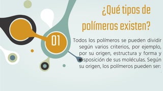 01
¿Quétiposde
polímerosexisten?
Todos los polímeros se pueden dividir
según varios criterios, por ejemplo,
por su origen, estructura y forma y
disposición de sus moléculas. Según
su origen, los polímeros pueden ser:
.
 