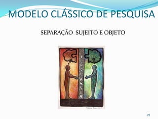 MODELO CLÁSSICO DE PESQUISA
      SEPARAÇÃO SUJEITO E OBJETO




                                   23
 