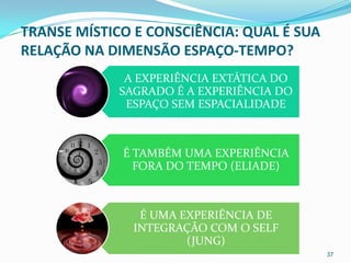 TRANSE MÍSTICO E CONSCIÊNCIA: QUAL É SUA
RELAÇÃO NA DIMENSÃO ESPAÇO-TEMPO?
              A EXPERIÊNCIA EXTÁTICA DO
             SAGRADO É A EXPERIÊNCIA DO
              ESPAÇO SEM ESPACIALIDADE



             É TAMBÉM UMA EXPERIÊNCIA
               FORA DO TEMPO (ELIADE)



                É UMA EXPERIÊNCIA DE
               INTEGRAÇÃO COM O SELF
                       (JUNG)
                                           37
 