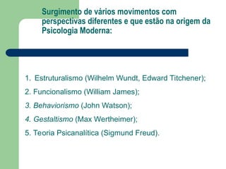 Surgimento de vários movimentos com
perspectivas diferentes e que estão na origem da
Psicologia Moderna:
1. Estruturalismo (Wilhelm Wundt, Edward Titchener);
2. Funcionalismo (William James);
3. Behaviorismo (John Watson);
4. Gestaltismo (Max Wertheimer);
5. Teoria Psicanalítica (Sigmund Freud).
 