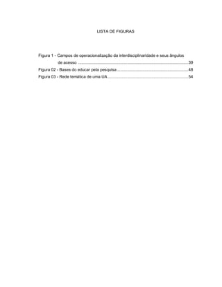 7


                                            LISTA DE FIGURAS




Figura 1 - Campos de operacionalização da interdisciplinaridade e seus ângulos
             de acesso ................................................................................................39
Figura 02 - Bases do educar pela pesquisa ..............................................................48
Figura 03 - Rede temática de uma UA ......................................................................54
 