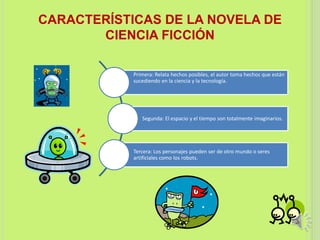 CARACTERÍSTICAS DE LA NOVELA DE
CIENCIA FICCIÓN
Primera: Relata hechos posibles, el autor toma hechos que están
sucediendo en la ciencia y la tecnología.
Segunda: El espacio y el tiempo son totalmente imaginarios.
Tercera: Los personajes pueden ser de otro mundo o seres
artificiales como los robots.
 