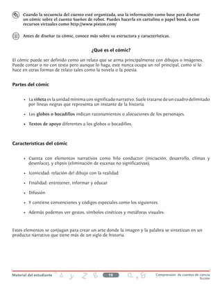 Cuando la secuencia del cuento esté organizada, usa la información como base para diseñar
un cómic sobre el cuento Sueños de robot. Puedes hacerla en cartulina o papel bond, o con
recursos virtuales como http://www.pixton.com/
Antes de diseñar tu cómic, conoce más sobre su estructura y características.
¿Qué es el cómic?
El cómic puede ser definido como un relato que se arma principalmente con dibujos o imágenes.
Puede contar o no con texto pero aunque lo haga, este nunca ocupa un rol principal, como sí lo
hace en otras formas de relato tales como la novela o la poesía.
Partes del cómic
•	 La viñeta es la unidad mínima con significado narrativo. Suele tratarse de un cuadro delimitado
por líneas negras que representa un instante de la historia.
•	 Los globos o bocadillos indican razonamientos o alocuciones de los personajes.
•	 Textos de apoyo diferentes a los globos o bocadillos.
Características del cómic
•	 Cuenta con elementos narrativos como hilo conductor (iniciación, desarrollo, clímax y
desenlace), y elipsis (eliminación de escenas no significativas).
•	 Iconicidad: relación del dibujo con la realidad
•	 Finalidad: entretener, informar y educar
•	 Difusión
•	 Y contiene convenciones y códigos especiales como los siguientes.
•	 Además podemos ver gestos, símbolos cinéticos y metáforas visuales.
Estos elementos se conjugan para crear un arte donde la imagen y la palabra se sintetizan en un
producto narrativo que tiene más de un siglo de historia.
19 Comprensión de cuentos de ciencia
ficción
 