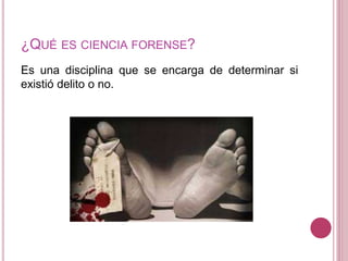 ¿QUÉ ES CIENCIA FORENSE?
Es una disciplina que se encarga de determinar si
existió delito o no.
 