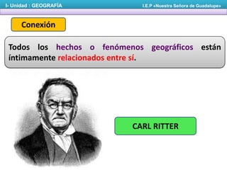 I- Unidad : GEOGRAFÍA

I.E.P «Nuestra Señora de Guadalupe»

Conexión
Todos los hechos o fenómenos geográficos están
íntimamente relacionados entre sí.

CARL RITTER

 
