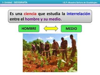 I- Unidad : GEOGRAFÍA

I.E.P «Nuestra Señora de Guadalupe»

Es una ciencia que estudia la interrelación
entre el hombre y su medio.
HOMBRE

MEDIO

 
