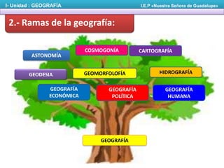 I- Unidad : GEOGRAFÍA

I.E.P «Nuestra Señora de Guadalupe»

2.- Ramas de la geografía:
ASTONOMÍA
GEODESIA
GEOGRAFÍA
ECONÓMICA

COSMOGONÍA

GEOMORFOLOFÍA
GEOGRAFÍA
POLÍTICA

GEOGRAFÍA

CARTOGRAFÍA

HIDROGRAFÍA
GEOGRAFÍA
HUMANA

 