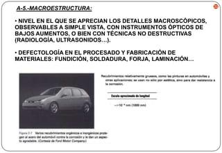 A-5.-MACROESTRUCTURA:
• NIVEL EN EL QUE SE APRECIAN LOS DETALLES MACROSCÓPICOS,
OBSERVABLES A SIMPLE VISTA, CON INSTRUMENTOS ÓPTICOS DE
BAJOS AUMENTOS, O BIEN CON TÉCNICAS NO DESTRUCTIVAS
(RADIOLOGÍA, ULTRASONIDOS…).
• DEFECTOLOGÍA EN EL PROCESADO Y FABRICACIÓN DE
MATERIALES: FUNDICIÓN, SOLDADURA, FORJA, LAMINACIÓN…

32

 