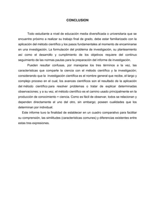 CONCLUSION
Todo estudiante a nivel de educación media diversificada o universitaria que se
encuentre próximo a realizar su trabajo final de grado, debe estar familiarizado con la
aplicación del método científico y los pasos fundamentales al momento de encaminarse
en una investigación. La formulación del problema de investigación, su planteamiento
así como el desarrollo y cumplimiento de los objetivos requiere del continuo
seguimiento de las normas pautas para la preparación del informe de investigación.
Pueden resultar confusas, por manejarse los tres términos a la vez, las
características que comparte la ciencia con el método científico y la investigación;
considerando que la investigación científica es el nombre general que recibe, el largo y
complejo proceso en el cual, los avances científicos son el resultado de la aplicación
del método científico para resolver problemas o tratar de explicar determinadas
observaciones; y a su vez, el método científico es el camino usado principalmente en la
producción de conocimiento = ciencia. Como es fácil de observar, todos se relacionan y
dependen directamente el uno del otro, sin embargo; poseen cualidades que los
determinan por individual.
Este informe tuvo la finalidad de establecer en un cuadro comparativo para facilitar
su comprensión, las similitudes (características comunes) y diferencias existentes entre
estas tres expresiones.
 