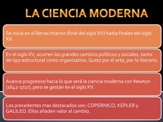 Se inicia en el Renacimiento (final del siglo XV) hasta finales del siglo
XX.

En el siglo XV, ocurren los grandes cambios políticos y sociales, tanto
de tipo estructural como organizativo. Gusto por el arte, por lo literario.



Avance progresivo hacia lo que será la ciencia moderna con Newton
(1642-1727), pero se gestan en el siglo XV.


Los precedentes mas destacados son: COPERNICO, KEPLER y
GALILEO. Ellos añaden valor al cambio.
 
