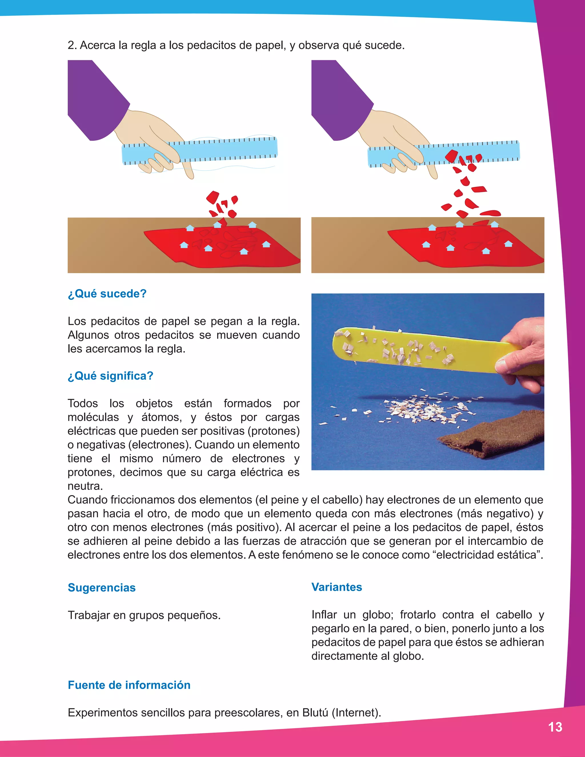 13 
2. Acerca la regla a los pedacitos de papel, y observa qué sucede. 
¿Qué sucede? 
Los pedacitos de papel se pegan a la regla. 
Algunos otros pedacitos se mueven cuando 
les acercamos la regla. 
¿Qué significa? 
Todos los objetos están formados por 
moléculas y átomos, y éstos por cargas 
eléctricas que pueden ser positivas (protones) 
o negativas (electrones). Cuando un elemento 
tiene el mismo número de electrones y 
protones, decimos que su carga eléctrica es 
neutra. 
Cuando friccionamos dos elementos (el peine y el cabello) hay electrones de un elemento que 
pasan hacia el otro, de modo que un elemento queda con más electrones (más negativo) y 
otro con menos electrones (más positivo). Al acercar el peine a los pedacitos de papel, éstos 
se adhieren al peine debido a las fuerzas de atracción que se generan por el intercambio de 
electrones entre los dos elementos. A este fenómeno se le conoce como “electricidad estática”. 
Variantes 
Inflar un globo; frotarlo contra el cabello y 
pegarlo en la pared, o bien, ponerlo junto a los 
pedacitos de papel para que éstos se adhieran 
directamente al globo. 
Sugerencias 
Trabajar en grupos pequeños. 
Fuente de información 
Experimentos sencillos para preescolares, en Blutú (Internet). 
 