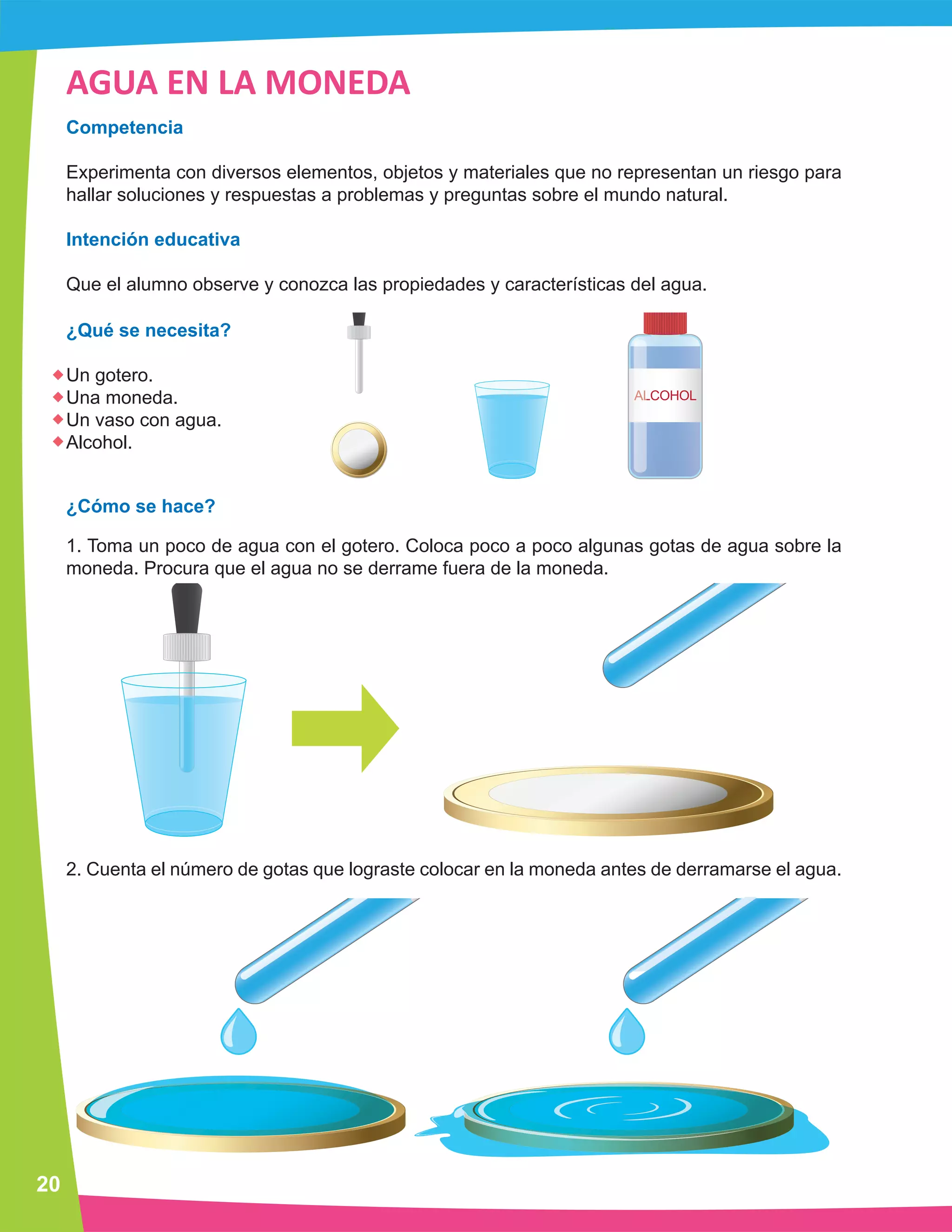 20 
AGUA EN LA MONEDA 
Competencia 
Experimenta con diversos elementos, objetos y materiales que no representan un riesgo para 
hallar soluciones y respuestas a problemas y preguntas sobre el mundo natural. 
Intención educativa 
Que el alumno observe y conozca las propiedades y características del agua. 
¿Qué se necesita? 
Un gotero. 
Una moneda. 
Un vaso con agua. 
Alcohol. 
¿Cómo se hace? 
1. Toma un poco de agua con el gotero. Coloca poco a poco algunas gotas de agua sobre la 
moneda. Procura que el agua no se derrame fuera de la moneda. 
2. Cuenta el número de gotas que lograste colocar en la moneda antes de derramarse el agua. 
 