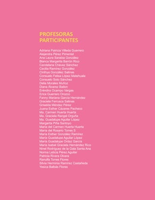 PROFESORAS
PARTICIPANTES
Adriana Patricia Villeda Guerrero
Alejandra Pérez Pimentel
Ana Laura Sarabia González
Blanca Margarita Barrón Rico
Candelaria Chávez Sánchez
Cecilia Ramírez González
Cinthya González Salinas
Consuelo Felisa López Matehuala
Consuelo Soto Sánchez
Delia Morales Muñoz
Diana Álvarez Bailon
Eréndira Ocampo Vargas
Erica Guerrero Orozco
Fanny Mariana García Hernández
Graciela Ferrusca Salinas
Griselda Méndez Pérez
Juana Esther Cázares Pacheco
Ma. Carmen Huerta Huerta
Ma. Graciela Rangel Orguña
Ma. Guadalupe Aguilar López
Margarita Piña Santoyo
María del Carmen Huerta Huerta
María del Rosario Torres S
María Esther González Ramírez
María Guadalupe Aguilar López
María Guadalupe Ordaz García
María Isabel Graciela Hernández Rico
Ninel Rodríguez de la Gala Santa Ana
Norma Leticia Pérez Aguilar
Patricia Rivera Olvera
Ranulfa Torres Flores
Silvia Herminia Ramírez Castañeda
Yesica Balbás Flores
 