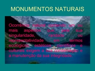 MONUMENTOS NATURAIS Ocorrência natural contendo um ou mais aspectos que, pela sua singularidade, raridade ou representatividade em termos ecológicos, estéticos, científicos e culturais exigem a sua conservação e a manutenção da sua integridade. 