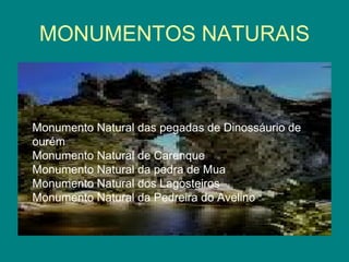 MONUMENTOS NATURAIS Monumento Monumento Natural das pegadas de Dinossáurio de ourém Monumento Natural de Carenque Monumento Natural da pedra de Mua Monumento Natural dos Lagosteiros Monumento Natural da Pedreira do Avelino 