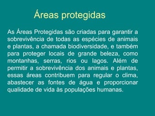 Áreas protegidas As Áreas Protegidas são criadas para garantir a sobrevivência de todas as espécies de animais e plantas, a chamada biodiversidade, e também para proteger locais de grande beleza, como montanhas, serras, rios ou lagos. Além de permitir a sobrevivência dos animais e plantas, essas áreas contribuem para regular o clima, abastecer as fontes de água e proporcionar qualidade de vida às populações humanas.  