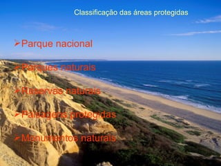 Áreas protegidas Classificação das áreas protegidas Parque nacional Parques naturais Reservas naturais Paisagens protegidas Monumentos naturais 