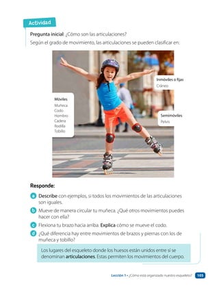 Pregunta inicial: ¿Cómo son las articulaciones?
Según el grado de movimiento, las articulaciones se pueden clasificar en:
Responde:
a Describe con ejemplos, si todos los movimientos de las articulaciones
son iguales.
b Mueve de manera circular tu muñeca. ¿Qué otros movimientos puedes
hacer con ella?
c Flexiona tu brazo hacia arriba. Explica cómo se mueve el codo.
d ¿Qué diferencia hay entre movimientos de brazos y piernas con los de
muñeca y tobillo?
Los lugares del esqueleto donde los huesos están unidos entre sí se
denominan articulaciones. Estas permiten los movimientos del cuerpo.
Actividad
Móviles
Muñeca
Codo
Hombro
Cadera
Rodilla
Tobillo
Inmóviles o fijas
Cráneo
Semimóviles
Pelvis
Lección 1 • ¿Cómo está organizado nuestro esqueleto? 105
 