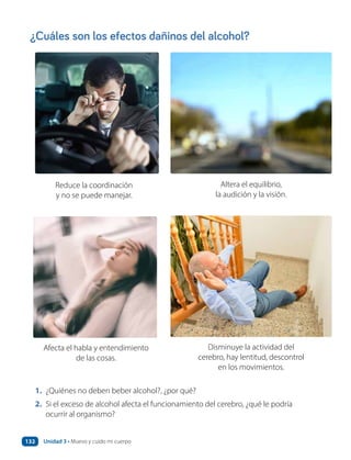 ¿Cuáles son los efectos dañinos del alcohol?
1. ¿Quiénes no deben beber alcohol?, ¿por qué?
2. Si el exceso de alcohol afecta el funcionamiento del cerebro, ¿qué le podría
ocurrir al organismo?
Reduce la coordinación
y no se puede manejar.
Altera el equilibrio,
la audición y la visión.
Afecta el habla y entendimiento
de las cosas.
Disminuye la actividad del
cerebro, hay lentitud, descontrol
en los movimientos.
Unidad 3 • Muevo y cuido mi cuerpo
132
 